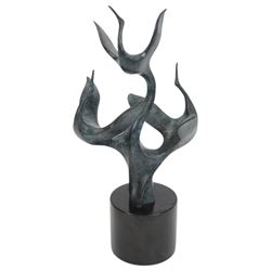 Bronze sculpture modelled as a trio of herons taking flight upon a circular marble base, signed and with foundry mark, H47cmH44cm