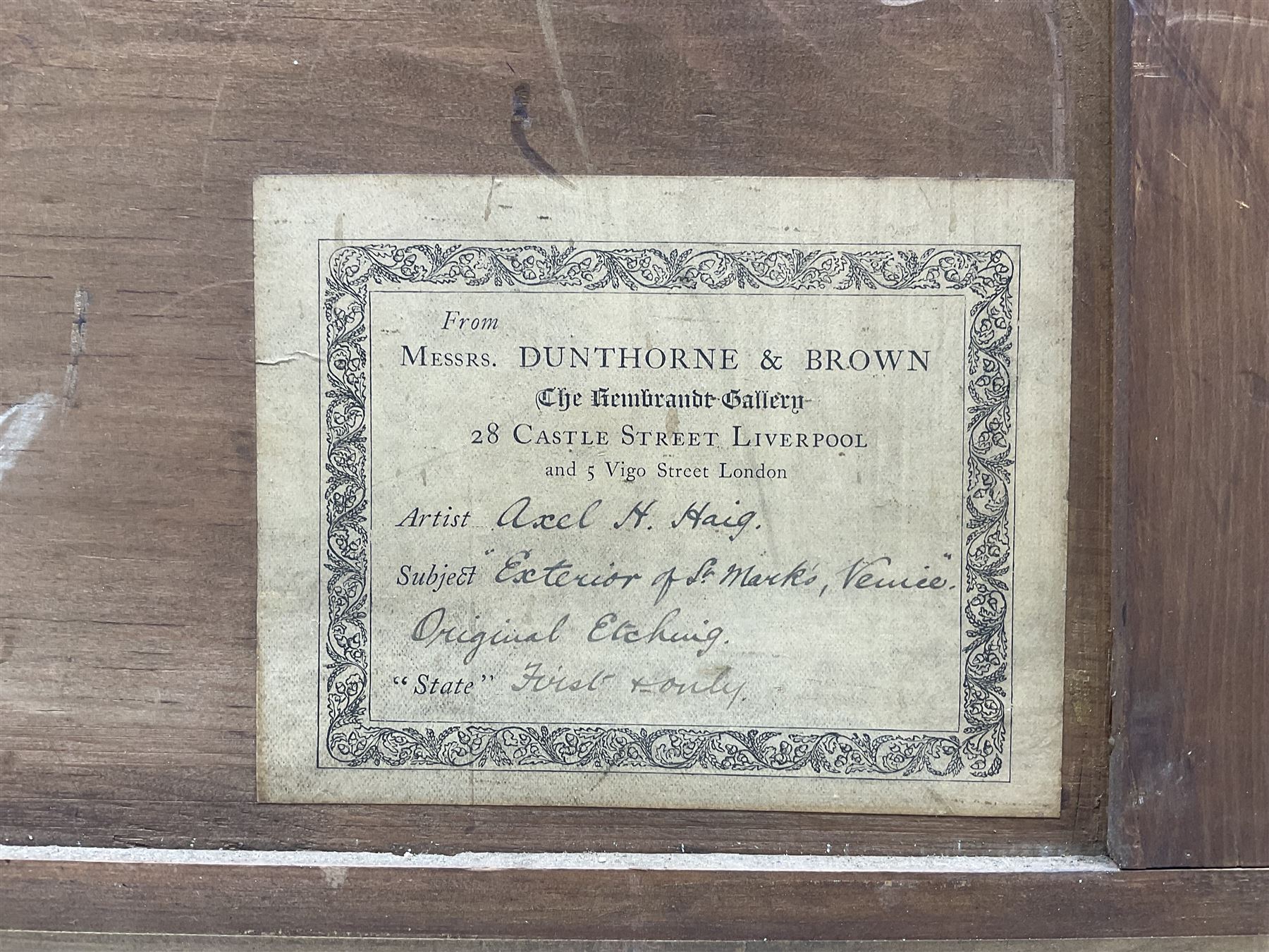 Axel Herman Haig (Swedish 1835-1921): 'Exterior of St Mark's - Venice', large etching signed in pencil, first and only state, titled on original label verso 58cm x 81cm. 