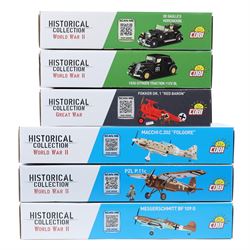 Six Cobi Bricks 1:32 and 1:35 scale Historical Collection World War II and Great War model sets, comprising no. 2996 Fokker Dr.1 'Red Baron', no. 2266 Citroen Traction 11CV BL, no. 2261 De Gaulles Horch830BL, no. 5761 Messerschmitt BF 109 G, no.5742 PZL P.11c and no. 5760 Macchi C.202 'Folgore', all boxed