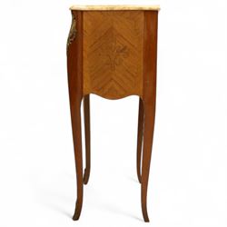 Pair of Louis XV style kingwood and marquetry bedside cabinets, the serpentine sienna marble top above two bombe fronted drawers with rococo style bronze handles and masks on slender cabriole legs terminating in bronze sabots  
