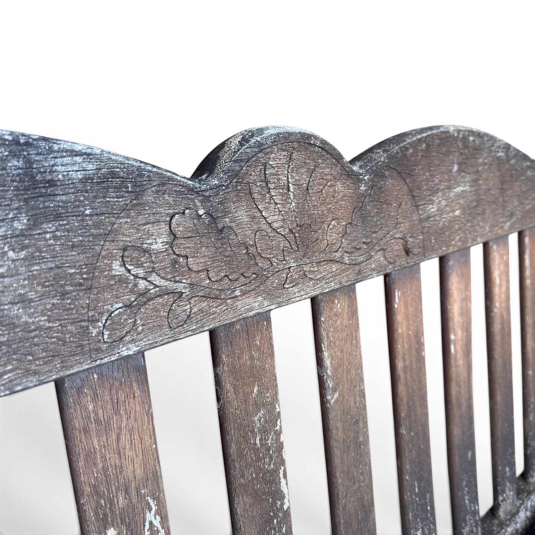 Teak garden bench, wavy shaped rail and slatted seat, with matching coffee table (2)