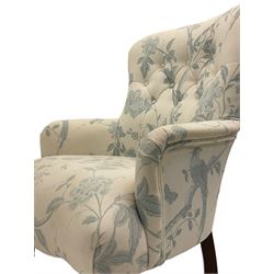 Victorian style bedroom chair, upholstered in light fabric decorated with birds and foliate, turned front feet