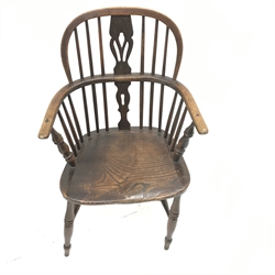  19th century ash and elm high back Windsor chair, crinoline stretcher (W55cm) and a 19th century ash and elm Windsor chair, turned supports (W56cm) (2)  