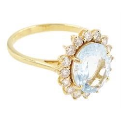 18ct gold oval cut aquamarine and round brilliant cut diamond cluster ring, stamped, aquamarine approx 2.20 carat, total diamond weight approx 0.50 carat