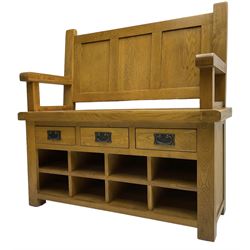 20th century oak hall bench, triple panelled back over solid seat, fitted with three drawers over eight pigeon holes to base