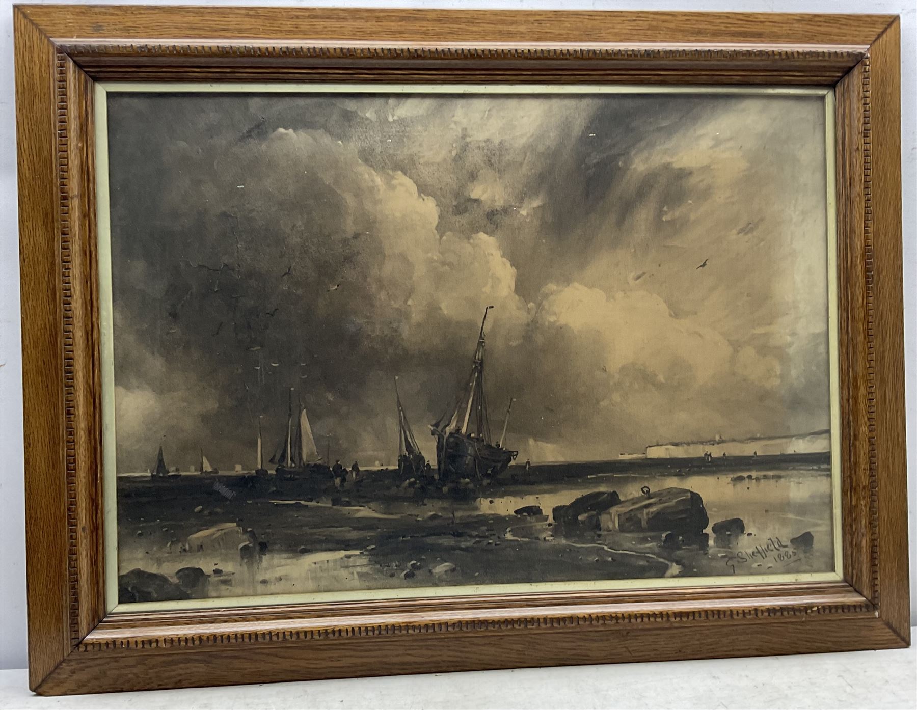 George Sheffield (British 1839-1892): Fishing Boats on the Shore, monochrome watercolour and charcoal signed and dated 1885, 55cm x 80cm