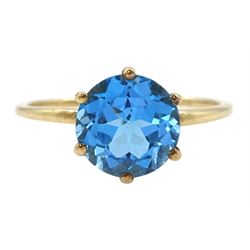 9ct gold single stone round cut Swiss blue topaz ring, hallmarked, topaz approx 3.45 carat