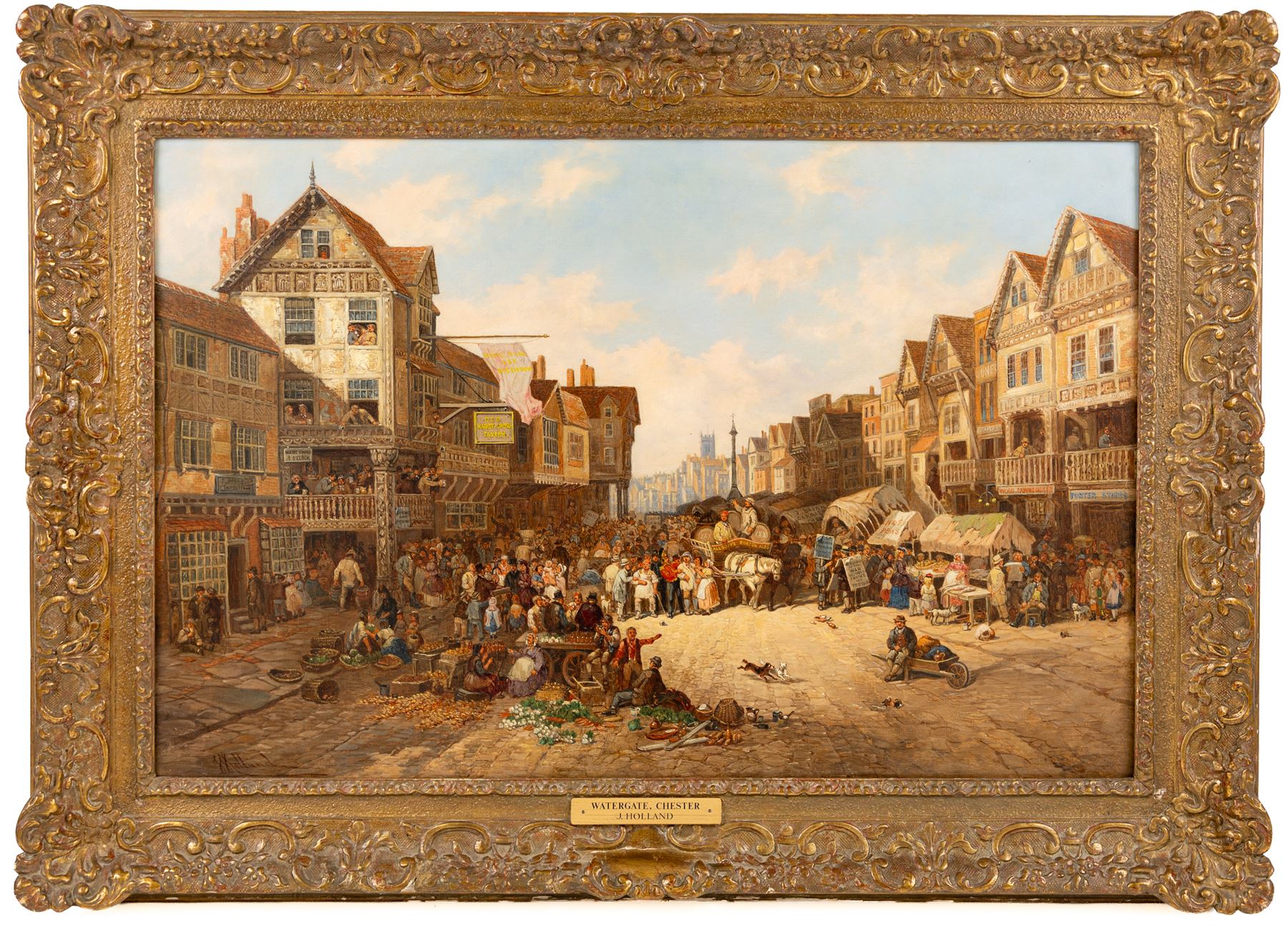 John Holland Snr. (British c1830-1886): 'Watergate - Chester', oil on canvas signed, titled on plaque 43cm x 67cm 
Notes: Likely painted c1870-1872, indicated by a sandwich-board man advertising a 'Panorama of the war between France and Prussia' - a popular form of traveling entertainment in Victorian Britain.