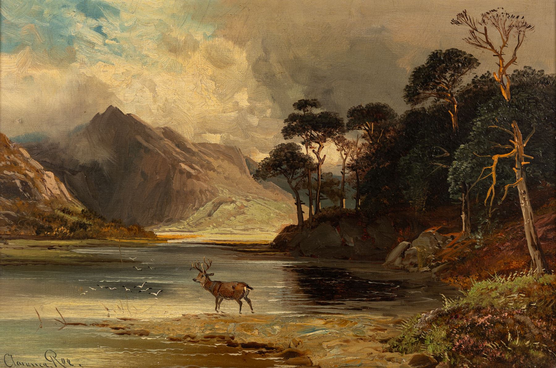 Clarence Henry Roe (British 1850-1909): Stag by a Highland Loch, oil on canvas signed 29cm x 44cm
