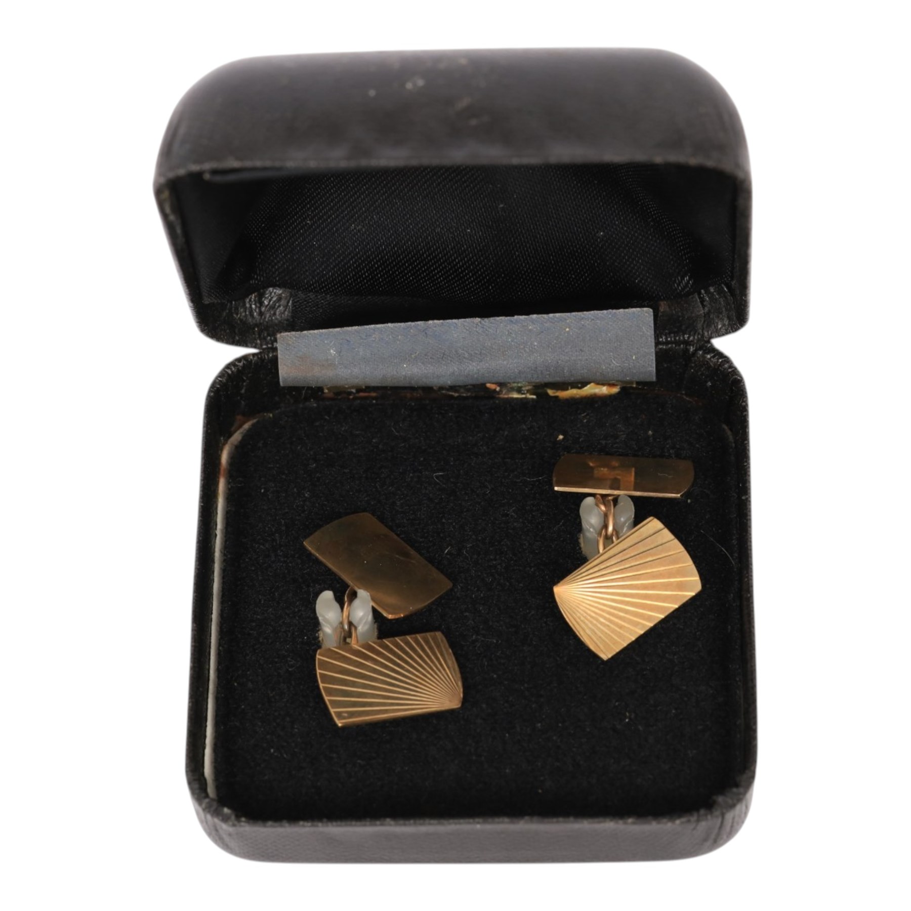 Pair of 9ct gold cufflinks with engraved sunburst design, hallmarked