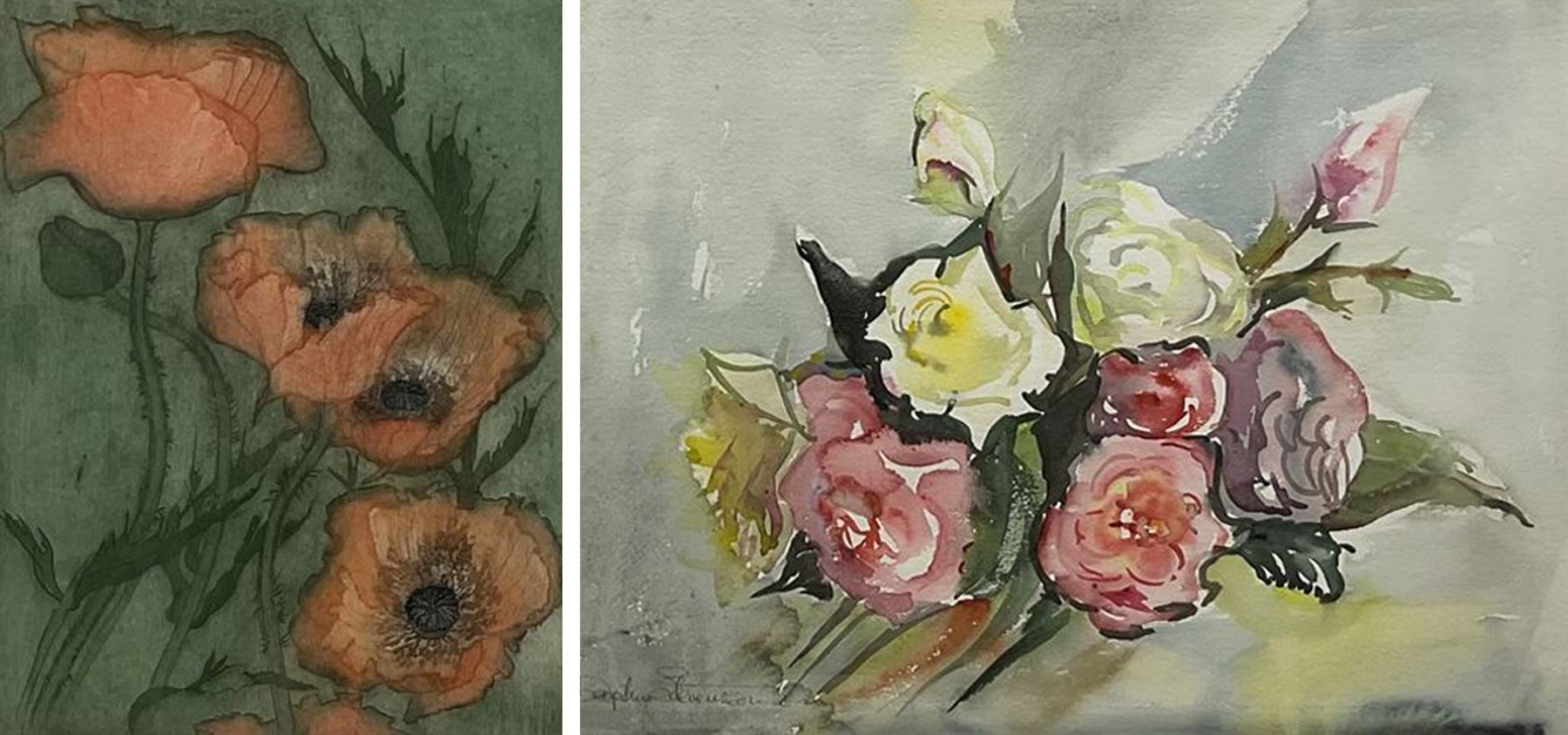 Chloe Hilary Gear (British Contemporary): 'Poppy - Oriental', artist's proof coloured etching with aquatint signed and titled in pencil 30cm x 23cm with full margins; Daphne Stevenson (British Contemporary): Roses, watercolour signed, titled verso with artist's Richmond address 30cm x 40cm