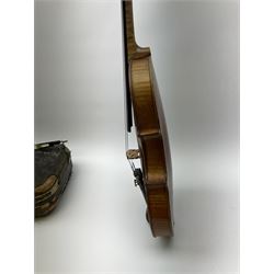 French Mirecourt violin c1920s with 36cm one-piece maple back and ribs and spruce top, labelled Jermone Thibouville-Lamy, L59cm, in fitted carrying case with German bow and 1984 valuation certificate by Frome Valley Music
