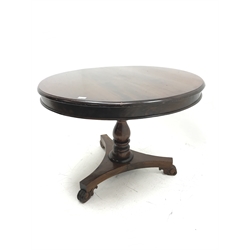20th century classical mahogany pedestal centre dining table, single turned column on tricoil base, scrolling feet, D107cm, H75cm
