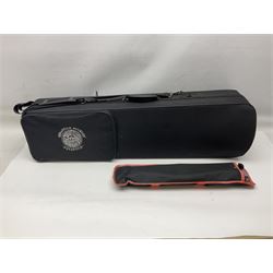 Sebastian Bucklet Aquae Sulis copper and brass trombone No.0910004; in lightweight carrying case; and Kinsman folding tubular chrome music stand in case (2)