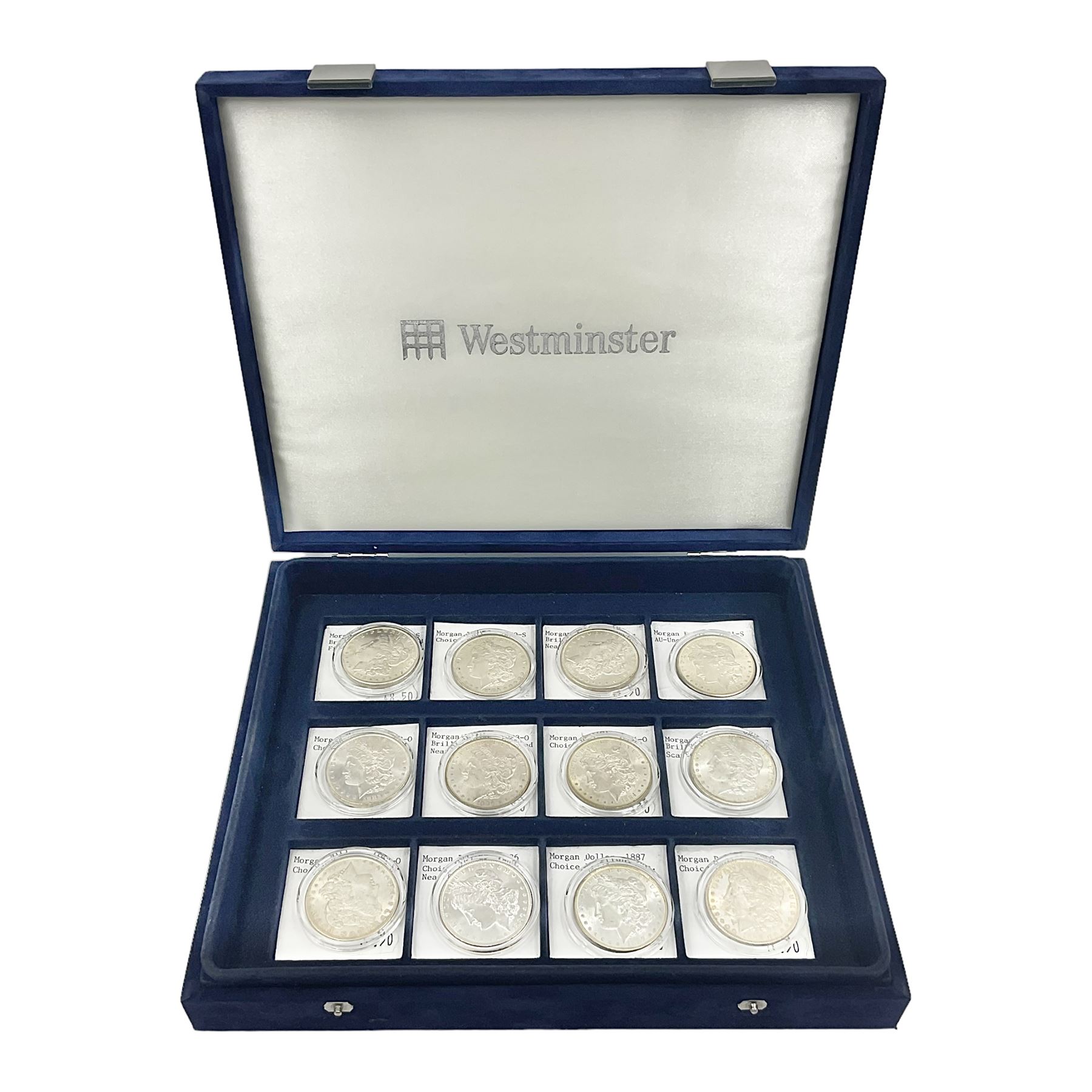 Twelve United States of America silver Morgan dollar coins, dated 1878 S, 1879 S, 1880 S, 1881 S, 1882 O, 1883 O, 1884 O, 1884 CC, 1885 O, 1886, 1887 and 1888