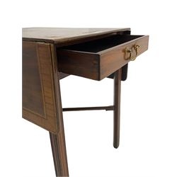 George III mahogany Pembroke table, rectangular drop leaf top with satinwood band, fitted with single deep drawer, square moulded supports joined by x-framed stretchers
