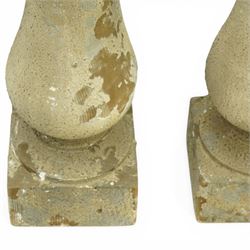 Pair of late 20th century pine table lamps, each of architectural column form, with square capital over turned baluster support and plinth base, distressed stone effect painted finish