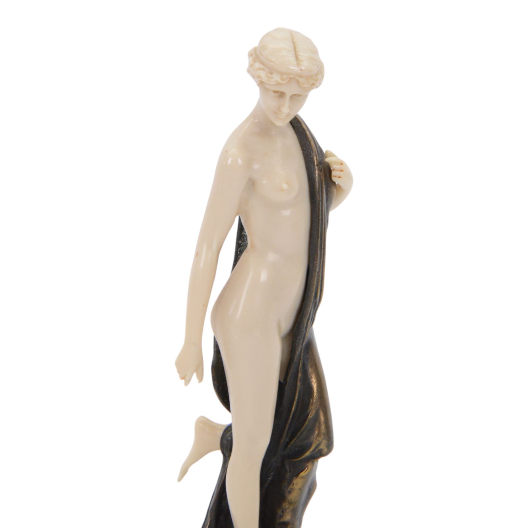 After Ferdinand Preiss: Art Deco style, composite semi nude classical female figure, raised upon circular base, H21cm