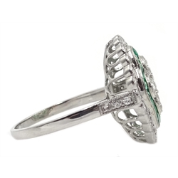  Platinum (tested) round brilliant cut diamond and calibre cut emerald ring, with diamond set shoulders  