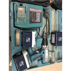 A quantity of hand tools including a Ferm FAG-230 angle grinder, a MacAllister reciprocating saw, a jig saw etc