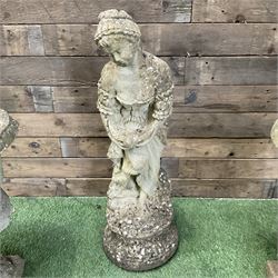 Cast stone female figure, NESW Compass stone plaque, and pair of small cast stone urns - THIS LOT IS TO BE COLLECTED BY APPOINTMENT FROM DUGGLEBY STORAGE, GREAT HILL, EASTFIELD, SCARBOROUGH, YO11 3TX