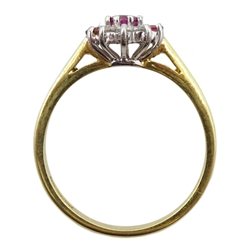 18ct gold ruby and diamond cluster ring, hallmarked