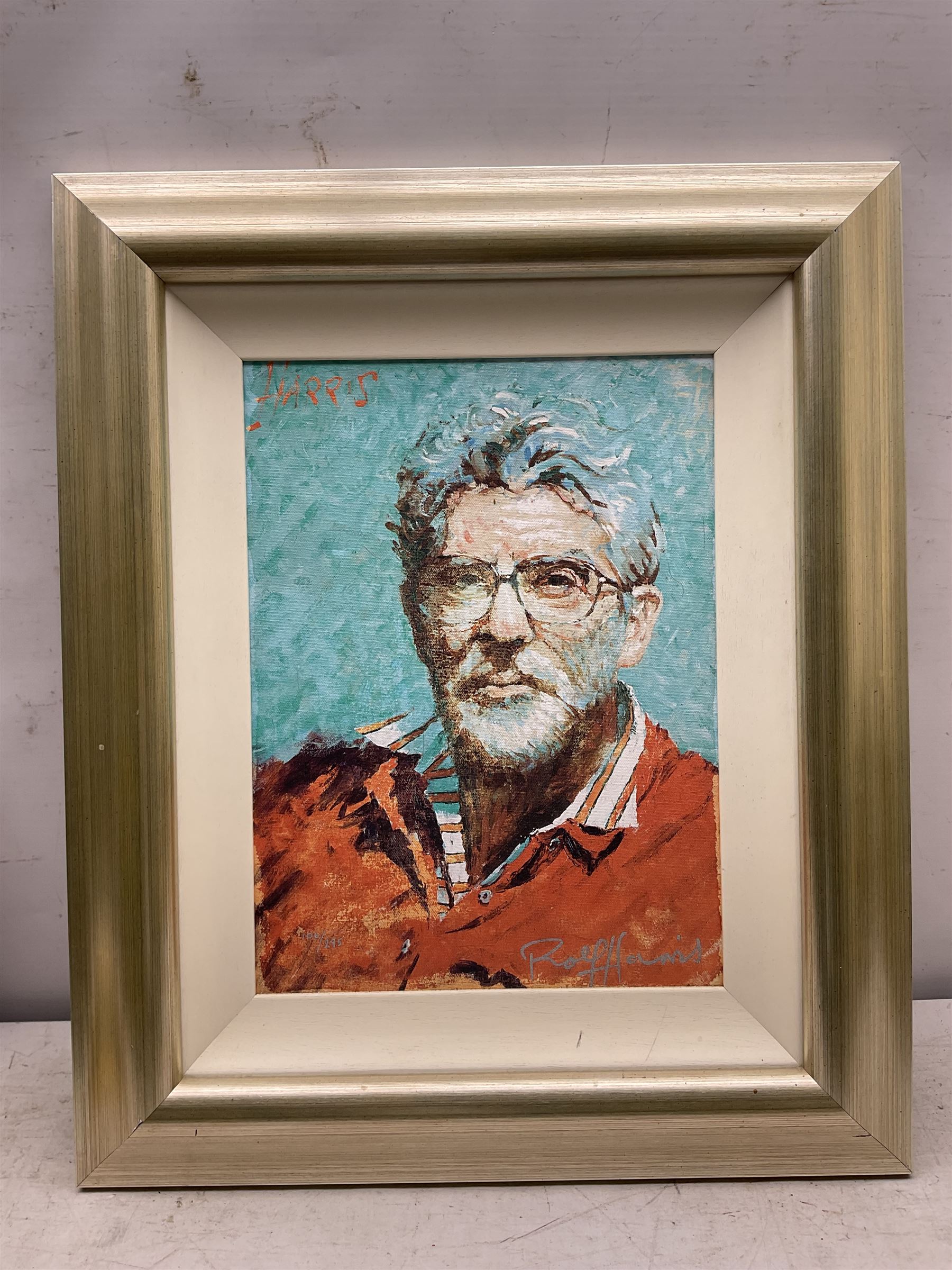 Rolf Harris (Australian 1930-): 'Self Portrait in Striped Shirt', limited edition giclee print on board signed and numbered 106/295, with Certificate of Authenticity 39cm x 29cm