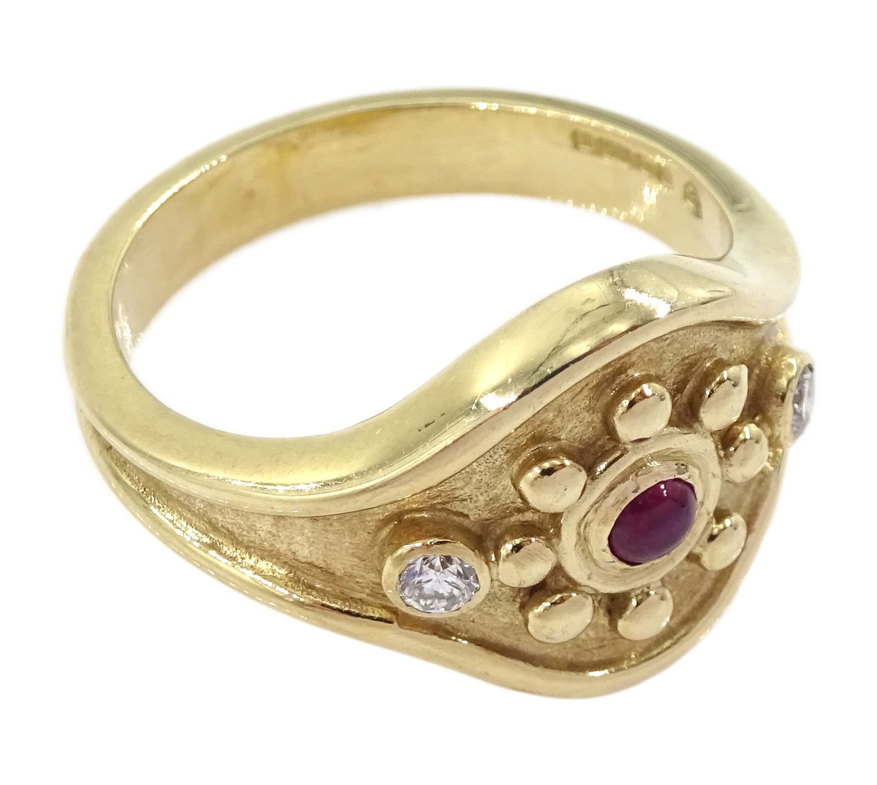 9ct gold three stone cabochon ruby and round brilliant cut diamond ring, Sheffield 1996
