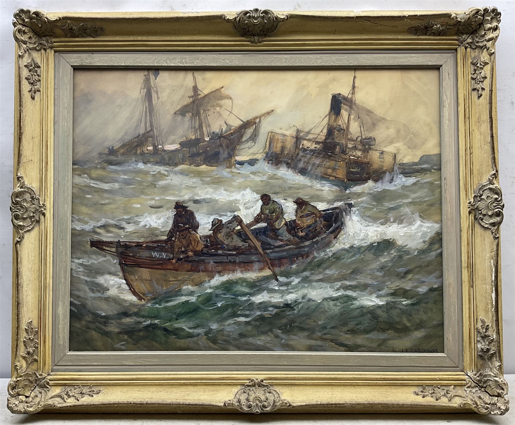 Joseph Richard Bagshawe (Staithes Group 1870-1909): Steam Tug bringing in Distressed Sailing Vessel Whitby Coble in the Foreground, watercolour heightened in white signed 52cm x 69cm