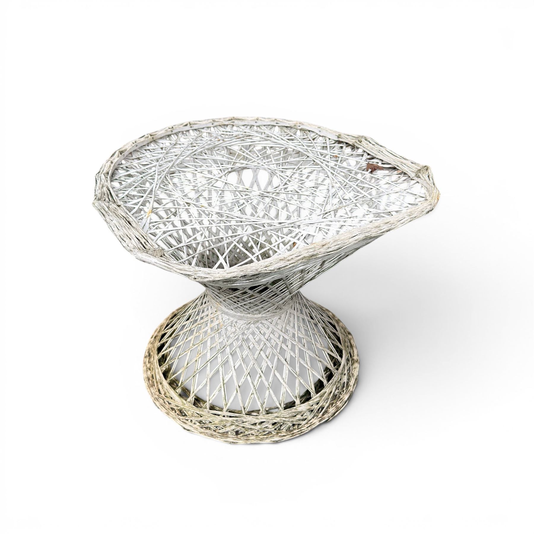 Two French early 20th century painted wicker octagonal garden tables, circular pedestals with parasol opening; with matching side table (3)