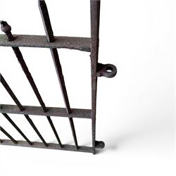 19th century wrought iron hand gate, with hinge loops and latch, square diamond fit rails, pointed finials