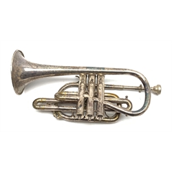 Hawkes & Son silver-plated cornet serial no.59103, with mouthpiece L38cm