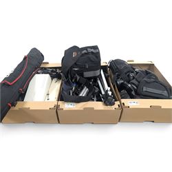 Collection of cameras and photography equipment, including Canon EOS 1000F DSLR, Fujifilm ...