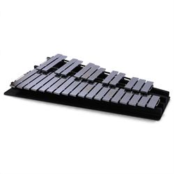 Viscount Percussion A-440 concert glockenspiel, made in England, with graduated metal bars on black wooden frame, contained within hard carry case