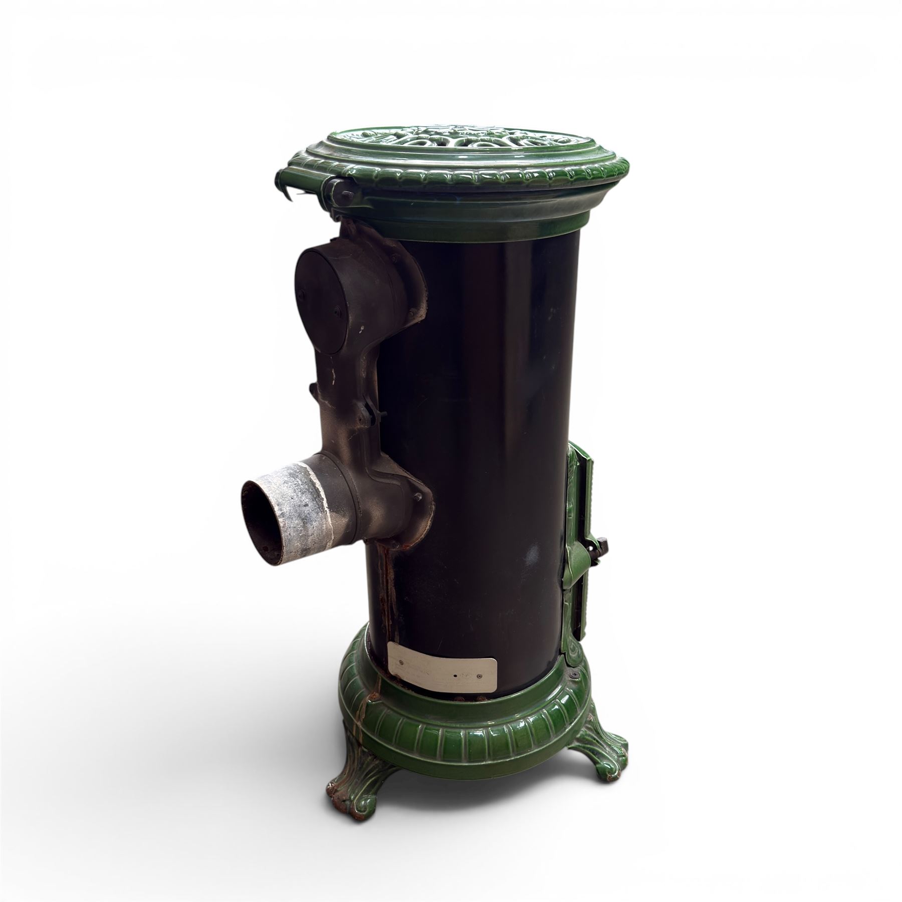 French Godin cast iron enamel stove, circular form, finished in green and black paint