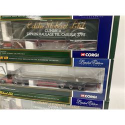Corgi - four limited edition 1:50 scale Eddie Stobart heavy haulage vehicles comprising CC12802 Scania T-Cab Bulk Tipper; CC13207 DAF XF Space Cab and Flatbed Trailer; CC13101 Volvo F88 Box Trailer; and CC12607 Scammell Crusader Tautliner; all boxed (4)