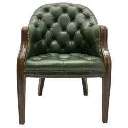 19th century design mahogany framed chesterfield library chair, upholstered in buttoned green leather with studwork, on square tapering supports