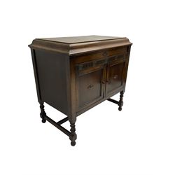 Gilbert and Co - early 20th century oak cased gramophone cabinet, rectangular hinged top concealing gramophone and storage area, fitted with two panelled cupboard doors enclosing record storage compartment and speaker