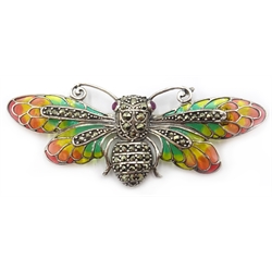  Silver plique-a-jour, marcasite and enamel insect brooch, stamped 925  