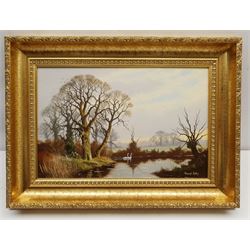 Vincent Selby (British 1919-2004): Swans on the Lake, oil on panel signed 24cm x 36cm