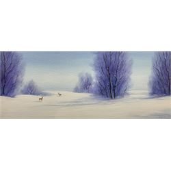 Mike Nance (British Contemporary): Winter Landscape with Stag, acrylic signed 15cm x 38cm
