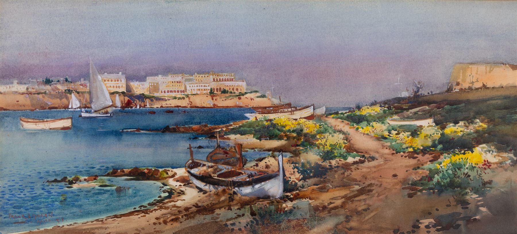 Frank Henry Mason (Staithes Group 1875-1965): 'Sliema Creek - Malta', watercolour signed titled and dated 1918, further titled on exhibition label verso 22cm x 49cm 
Notes: Mason joined the Royal Naval Volunteer Reserve at the onset of the Great War, rising to command a flotilla of Motor Launches. His postings included the East Coast of Britain but also the Suez Canal area. He visited Malta for the first time on his return journey from Egypt to England in the summer of 1916. After serving as a Dazzle Officer during 1918, he was then appointed as a War Artist at the end of the War and returned to Malta to prepare a large body of work now in the Imperial War Museum. This watercolour is dated 1918 and is one of a small group Mason painted during 1918 and 1919, independently of the IWM commission.