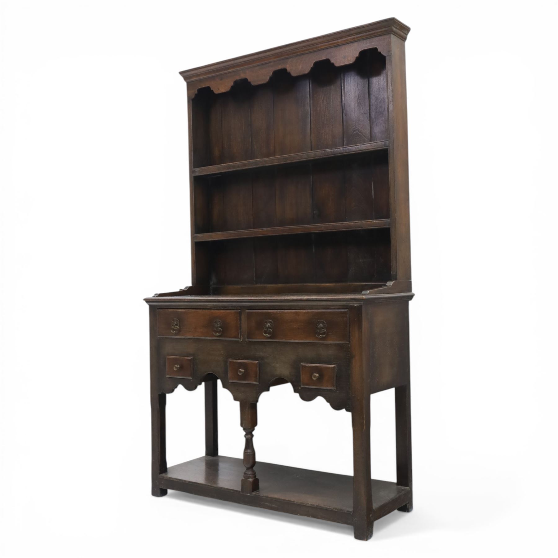 Titchmarsh & Goodwin - Georgian design compact dresser and plate rack, with moulded cornice, above two grooved shelves, above a dresser base with  two short over three small drawers, raised on stile feet united by an undertier