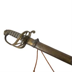 British Victorian 1845 Pattern Infantry Officer's Sword, by Henry Wilkinson, the 81cm blade by Henry Wilkinson, etched with the crowned VR cypher amidst scrolling foliage,folding sideguard, wire bound fishskin covered grip, within brass scabbard, twin suspension rings, overall L100cm