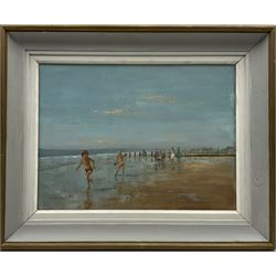 William Burns (British 1923-2010): 'Beach Games' South Beach Filey, oil on board signed, titled verso 29cm x 40cm 
Provenance: direct from the artist's family. Born in Sheffield in 1923, William Burns RIBA FSAI FRSA studied at the Sheffield College of Art, before the outbreak of the Second World War during which he helped illustrate the official War Diaries for the North Africa Campaign, and was elected a member of the Armed Forces Art Society. On his return to England, he studied architecture at Sheffield University and later ran his own successful practice, being a member of the Royal Institute of British Architects. However, painting had always been his self-confessed 'first love', and in the 1970s he gave up architecture to become a full-time artist, having his first one-man exhibition in 1979.