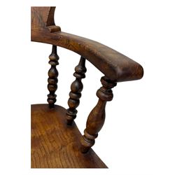 Victorian elm captains smokers bow chair, spindle turned tub shaped back, saddle seat, seat height 41cm