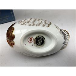 Royal Crown Derby paperweight in the form of a mallard duck, with gold stopper, together with Aynsley Orchard Gold lidded jar, bell, dish and plate, and Derby Posies pattern jar and cover, four with boxes
