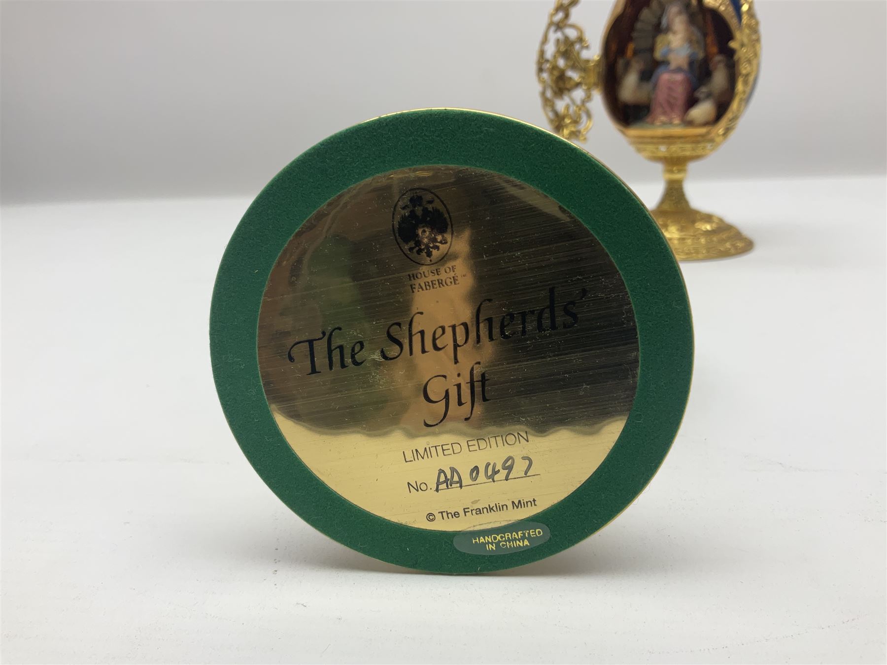 Franklin Mint House of Faberge three collectors eggs, comprising Madonna and Child, The Shepherds Gift and Glorious Adoration 