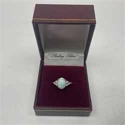 Silver opal and cubic zirconia cluster ring, stamped 925, boxed 