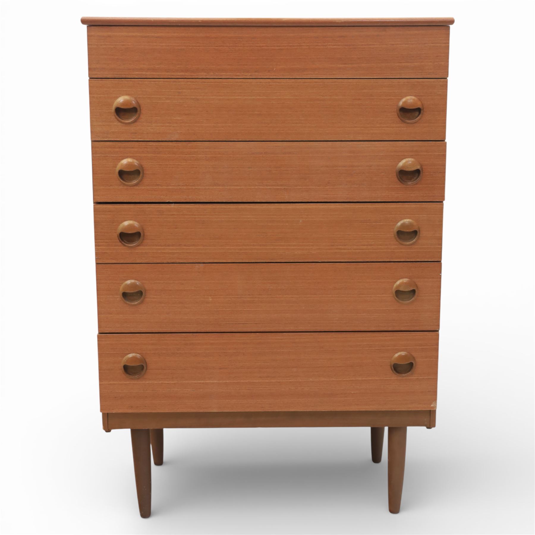 Mid 20th century teak dressing chest, rectangular top hinged to reveal a fitted interior with divisions and a rectangular mirror to the underside, over five long drawers with recessed circular handles, raised on tapering supports